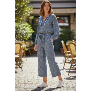 Old Navy Paisley Capri Belted Jumpsuit Color: Blue Boho Size: XL